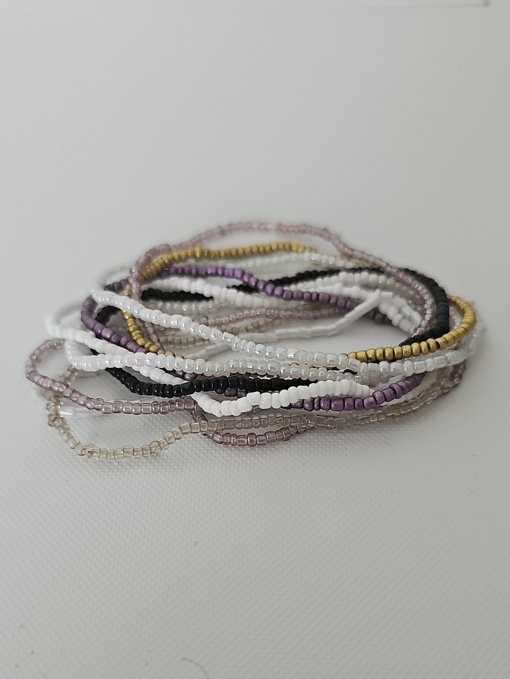 Multi-Strand Seed Bead Bracelet Set in White, Purple, Gold, Black